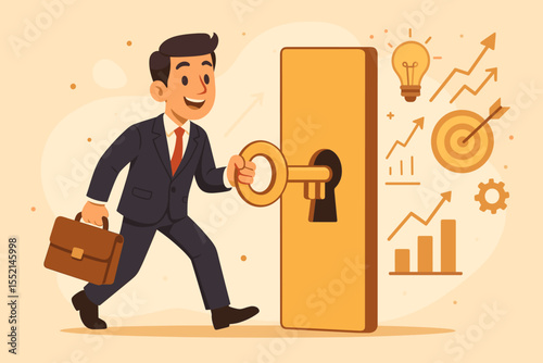 Ambitious businessman unlocking door of opportunity with golden key, symbolizing business success, innovation, growth, leadership, strategic planning, goal achievement, and career advancement