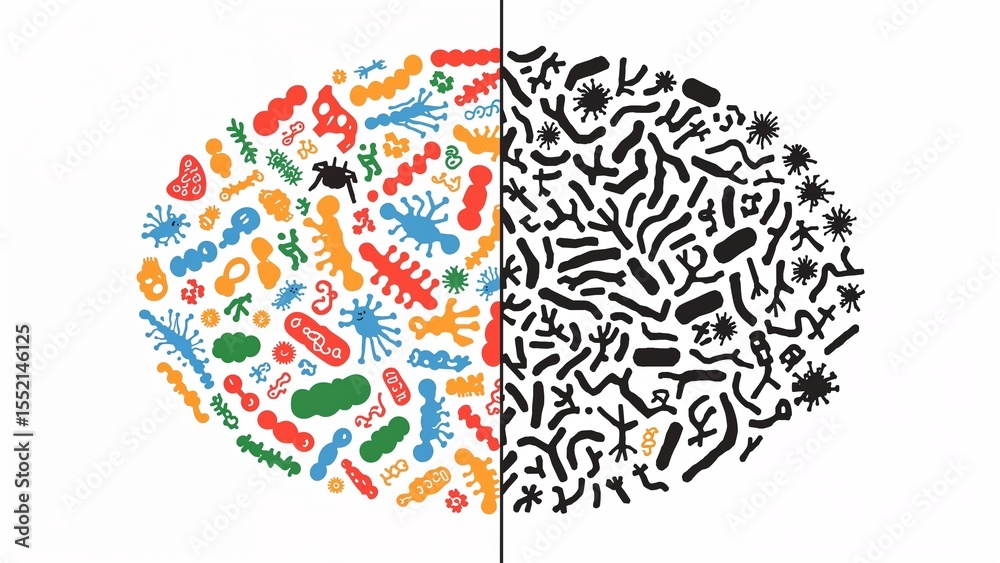 Fototapeta premium Split-screen illustration comparing a healthy diverse gut microbiome with a damaged, unhealthy microbiome