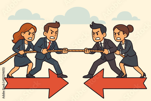 Business team tug of war competition, rival companies fighting for market share dominance, corporate conflict, teamwork challenge, leadership strategy, cartoon vector illustration, business rivalry