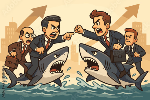 Aggressive business competition concept, rival businessmen riding sharks, corporate battle, market dominance, teamwork, conflict, financial growth, success strategy, city background, vector cartoon