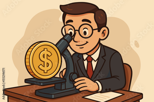 Cartoon business professional analyzing gold dollar coin under microscope, concept wealth management, financial analysis, investment strategy, economic growth, finance expert, advisory illustration