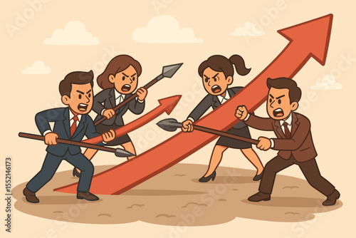Intense Business Competition Rival Teams Battling for Market Share Success with Growth Arrow and Spears. Corporate Conflict, Strategy, Aggressive Tactics, Cartoon Vector Illustration, Office Challenge