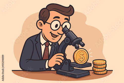 Financial advisor analyzing dollar coin under microscope. Investment consultant examining money. Wealth management audit. Financial research, business analysis, cartoon vector illustration concept