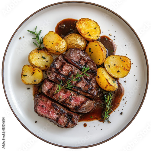 Deliciously grilled steak with crispy roasted potatoes and rich sauce garnished with rosemary isolated on transparent background