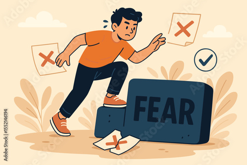 Overcoming Fear Concept Vector Illustration. Person Conquering Anxiety, Defeating Obstacles, Motivation and Courage, Psychological Growth, Mental Health, Positive Mindset Abstract Cartoon Art