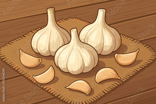 Fresh whole garlic bulbs and peeled garlic cloves on rustic burlap sack, wooden table background, vector cartoon kitchen ingredient illustration for cooking, organic vegetable food design