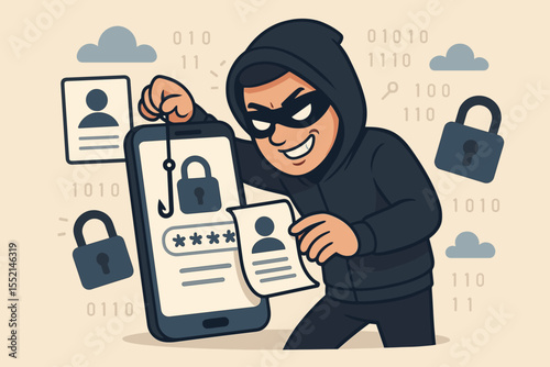 Cybersecurity threat phishing attack concept. Cartoon vector hacker stealing passwords, personal data, identity via mobile device. Data breach, online fraud, privacy risk, information security