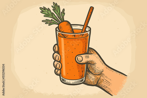 Hand Holding Carrot Smoothie Glass Vintage Style. Fresh Detox Vegetable Juice Illustration. Healthy Drink Concept. Cartoon Vector. Organic Nutrition. Wellness Beverage. Natural Juice Bar Art.