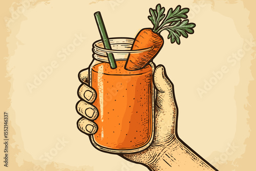 Vintage hand holding carrot smoothie in mason jar. Fresh detox vegetable drink with straw and whole carrot. Healthy juice concept illustration. Retro style food and beverage vector art
