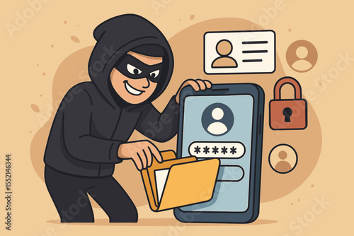 Cybersecurity threat concept. Hooded hacker stealing personal data and passwords from smartphone. Identity theft, data breach, cybercrime, information security risk. Vector cartoon illustration