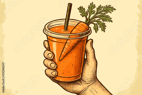 Vintage Hand Holding Carrot Smoothie Vector Illustration. Fresh Detox Vegetable Juice, Healthy Drink Concept, Natural Nutrition, Retro Style, Eco Organic Beverage, Cartoon Healthy Lifestyle Art