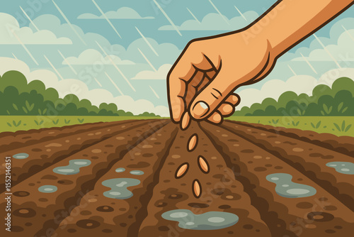 Hand sowing seeds into wet soil after rainfall in farmland. Agriculture planting concept. Crop cultivation in spring. Rainy weather, fertile field, nature growth. Vector cartoon illustration