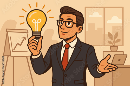Visionary Business Leader with Light Bulb Idea in Office Vector Illustration. Innovation, Creative Solution, Corporate Success, Strategic Growth Concept, Professional Presentation, Entrepreneurship