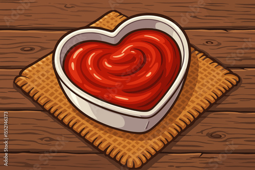 Heart-shaped bowl filled with ketchup sauce on rustic burlap cloth and weathered wooden table. Love food concept. Vector cartoon illustration. Romantic snack decoration for kitchen, restaurant, cafe