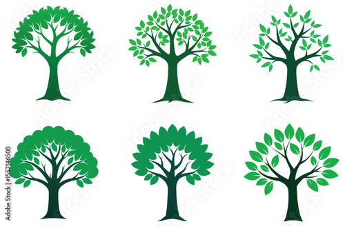 Six green trees with gradient leaves on white background nature leaf