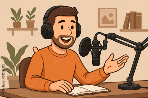 Podcast host recording show in cozy home studio, professional microphone, headphones, desk, open book, plants, modern workspace, creative audio content creator concept, vector cartoon illustration