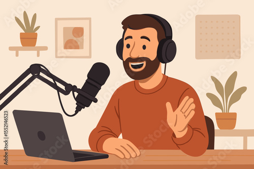 Podcast host recording show at home studio desk with headphones, microphone, laptop, indoor plants. Vector cartoon illustration. Content creation, broadcast, online streaming, workspace setup