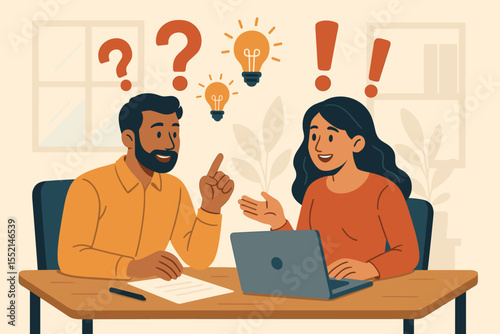 Business brainstorming teamwork concept. Man and woman discussing ideas, problem solving, collaboration, question marks, exclamation points, light bulbs, office meeting, creative strategy illustration