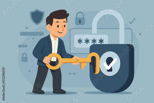 Businessman unlocking digital padlock with key symbolizing authorized access, data security, password protection, authentication, information privacy, cybersecurity success, safe login concept