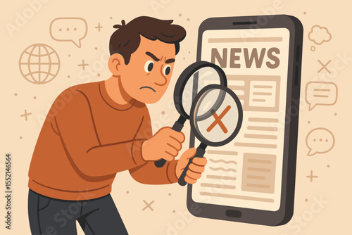 Fact checking news on smartphone concept. Man analyzing online articles with magnifying glass. Combat fake news, misinformation, digital media literacy, media trust, verification, vector illustration