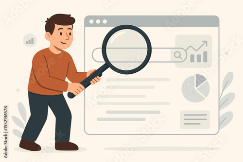 Man with magnifying glass searching internet data analysis. Vector illustration of online research, website analytics, user browsing, statistics, charts, web optimization, business information search