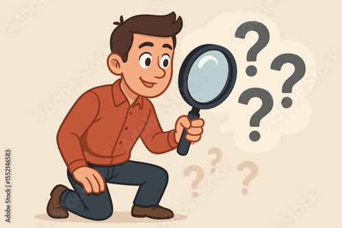 Curious man searching for answers with magnifying glass, question marks symbolizing inquiry, exploration, investigation, problem solving, FAQ concept, cartoon vector illustration, no text