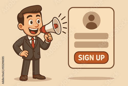 Cartoon businessman using megaphone to promote sign up form. Vector illustration, marketing, advertising, online registration, call to action, web banner, user account concept, flat design