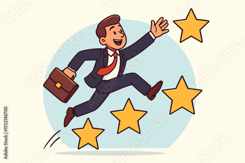Ambitious businessman cartoon vector leaping over stars symbolizing career growth, professional success, motivation, achievement, reaching goals, leadership, business challenge, opportunity, progress
