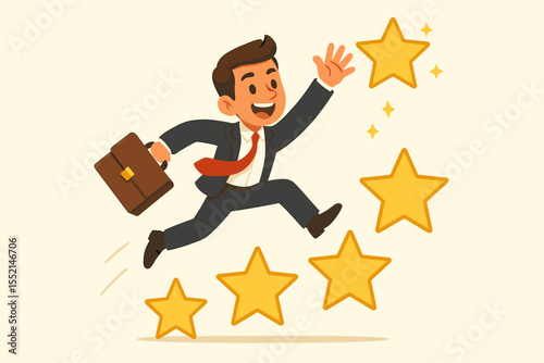 Ambitious businessman jumping over golden stars, achieving goals and career success, motivation and progress concept, briefcase, leadership, vector cartoon illustration for business inspiration