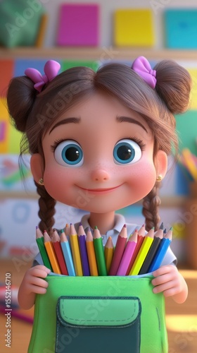 Smiling pupil holding colorful pencils in school backpack: back to school