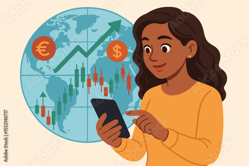 Confident woman using mobile device for online forex trading and global investment, rising financial chart, candlestick graph, dollar and euro currency, worldwide stock market, technology concept