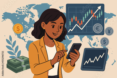Confident businesswoman trading forex and stocks on mobile device, global markets, digital finance, investment, financial growth, money management, currency exchange, vector illustration