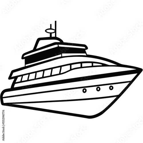 Illustration of a Detailed TwoStory Yacht with Antenna and Portholes Outline