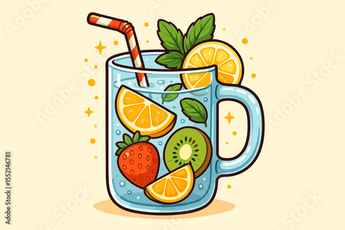 Refreshing summer drink with citrus orange slices, strawberry, kiwi, fresh mint, and sparkling water in glass mug. Cartoon vector illustration of healthy fruit beverage with straw and bubbles