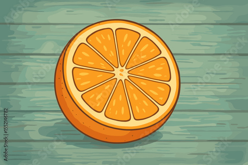 Juicy orange slice cartoon vector illustration. Vintage retro style fruit on blue wooden background. Citrus segment, summer freshness, healthy natural food, kitchen decor, rustic table, soft focus