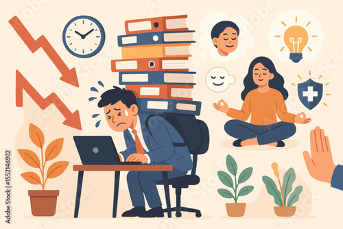 Workplace Stress Management, Heavy Workload Pressure, Burnout Prevention, Employee Mental Health, Mindfulness, Relaxation Techniques, Office Productivity, Business Wellness, Vector Illustration