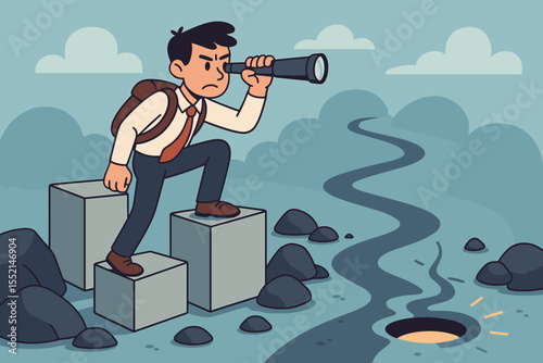Determined Businessman Overcoming Obstacles, Searching for Solutions, Exploring Pathways to Success, Navigating Challenges, Strategy, Leadership, Progress, Vision, Cartoon Vector Illustration