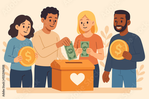 Diverse group donating money and coins to charity donation box. Community fundraising, social support, teamwork, financial contribution, volunteer aid, giving, helping people. Vector illustration