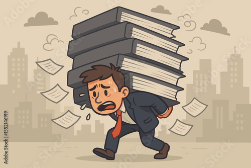 Stressed businessman overwhelmed by workload, struggling to carry heavy stack of books, business pressure, stress, anxiety, burnout, overworked employee, corporate office vector illustration