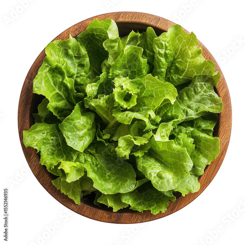 Fresh green lettuce leaves fill a rustic wooden bowl viewed from above isolated on transparent background