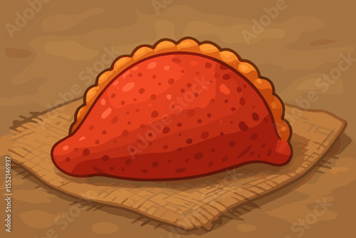 Crispy Red Fried Puff Pastry Cartoon Vector. Savory Snack Illustration on Rustic Burlap Sack. Tasty Empanada, Samosa, Turnover, Street Food, Appetizer, Bakery, Soft Focus, Hand-Drawn Style