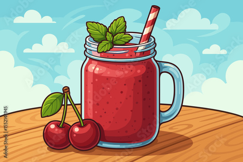Fresh Cherry Smoothie in Mason Jar with Straw and Mint, Cartoon Vector Illustration. Summer Drink on Wooden Table with Cherries, Refreshing Beverage Concept, Healthy Fruit Juice Background