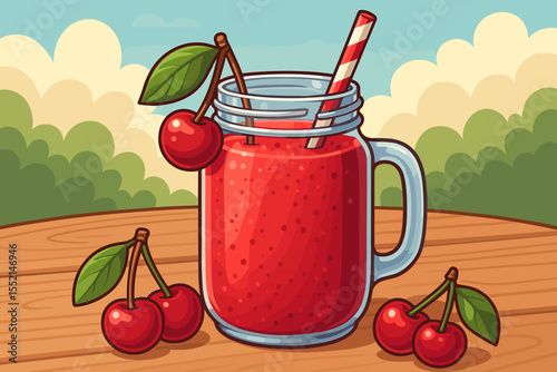 Fresh cherry smoothie in mason jar with straw and cherries, cartoon vector illustration. Summer fruit drink on wooden table outdoors. Refreshing healthy beverage concept, vibrant colors.