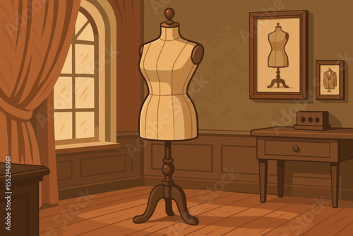 Vintage tailor atelier interior with dressmaker mannequin, classic wooden furniture, elegant window with curtains, framed sewing art, retro fashion design studio, cozy workspace vector illustration