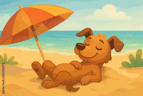 Happy cartoon dog relaxing under beach umbrella on sandy shore. Summer vacation, cute pet enjoying sun, ocean waves, peaceful holiday scene. Vector illustration for kids, fun, leisure, travel concepts
