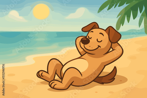 Happy cartoon dog relaxing on sunny tropical beach, summer vacation concept. Cute animal lying on sand by sea, peaceful holiday, leisure time, palm leaves, smiling puppy, tranquil ocean shore vector