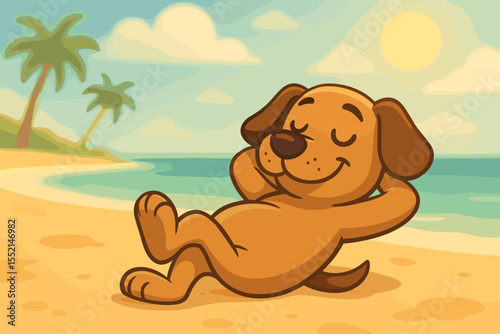 Cute cartoon dog relaxing on sandy beach under sunny sky, summer vacation, tropical paradise, palm trees, peaceful animal character, playful pet enjoying holiday, vector illustration