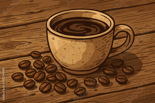Rustic coffee cup with steaming hot coffee and roasted coffee beans on aged wooden table, vintage style vector cartoon illustration, cozy beverage concept