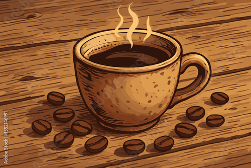 Rustic hot coffee cup with steam, surrounded by roasted coffee beans on aged wood table. Vintage hand-drawn vector illustration. Cozy cafe morning beverage scene for menu or kitchen decor design