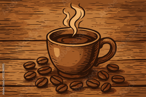 Vintage hand drawn coffee cup with steam and roasted coffee beans on rustic wooden table background. Retro style vector illustration for cafe menu, breakfast, hot drink, barista, morning beverage